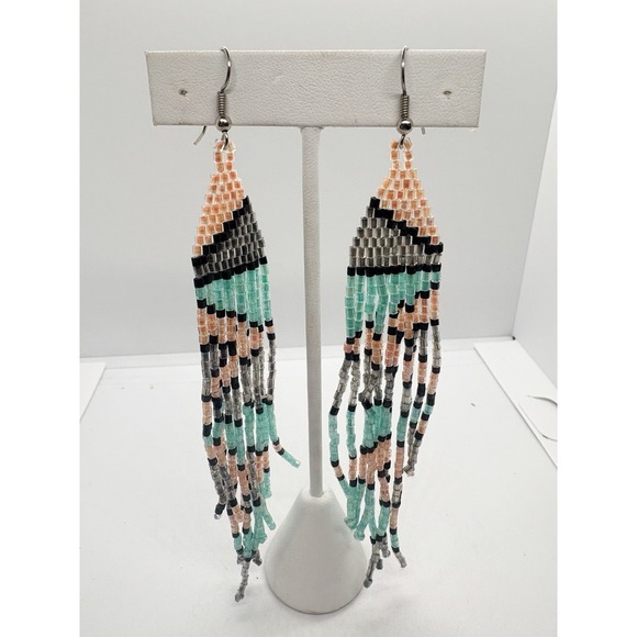 Southwest Style Seed Bead Dangle Drop 5'' Earrings Pierced Statement Bold Boho - Picture 1 of 8